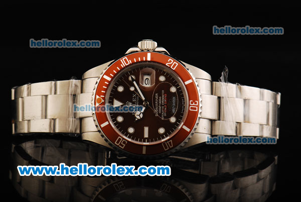 Rolex Submariner Automatic Movement Full Steel with Red Bezel and White Markers - Brown Dial - Click Image to Close